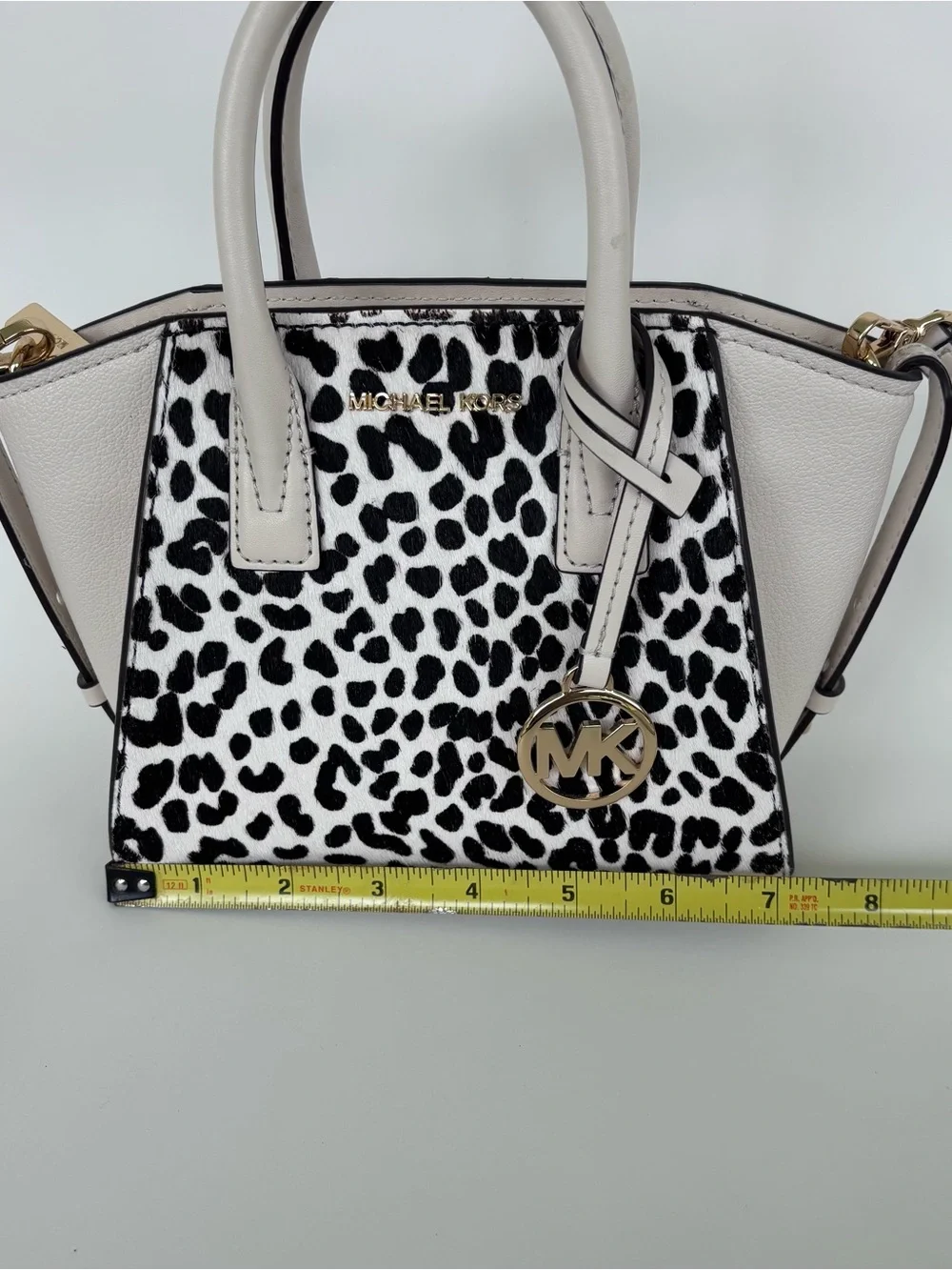 Michael Kors Marilyn Small Satchel Crossbody Leopard Calf Hair Vanilla Leather